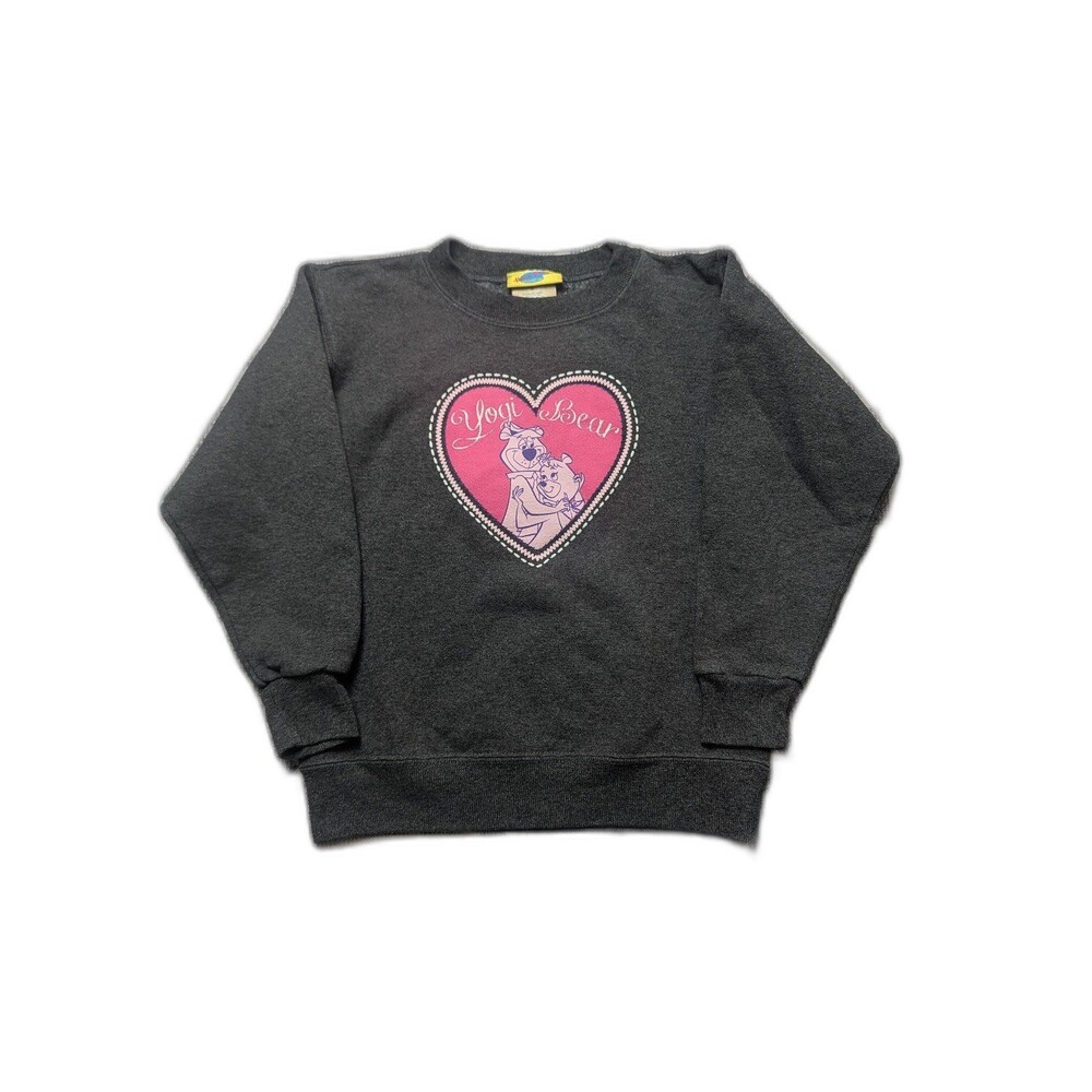 Vintage 90s Yogi Bear & Boo Boo Gray Crewneck Sweatshirt Pink Heart Youth M